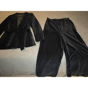 Black Velvet Pantsuit Set Belted Blazer + Wide Leg Pants US 6 XS/S Needs Repair